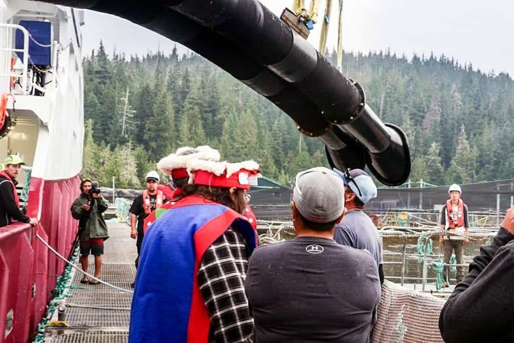 photo: First nations block the Victoria Viking from pumping smolts into pen by blockading the transfer pipes.