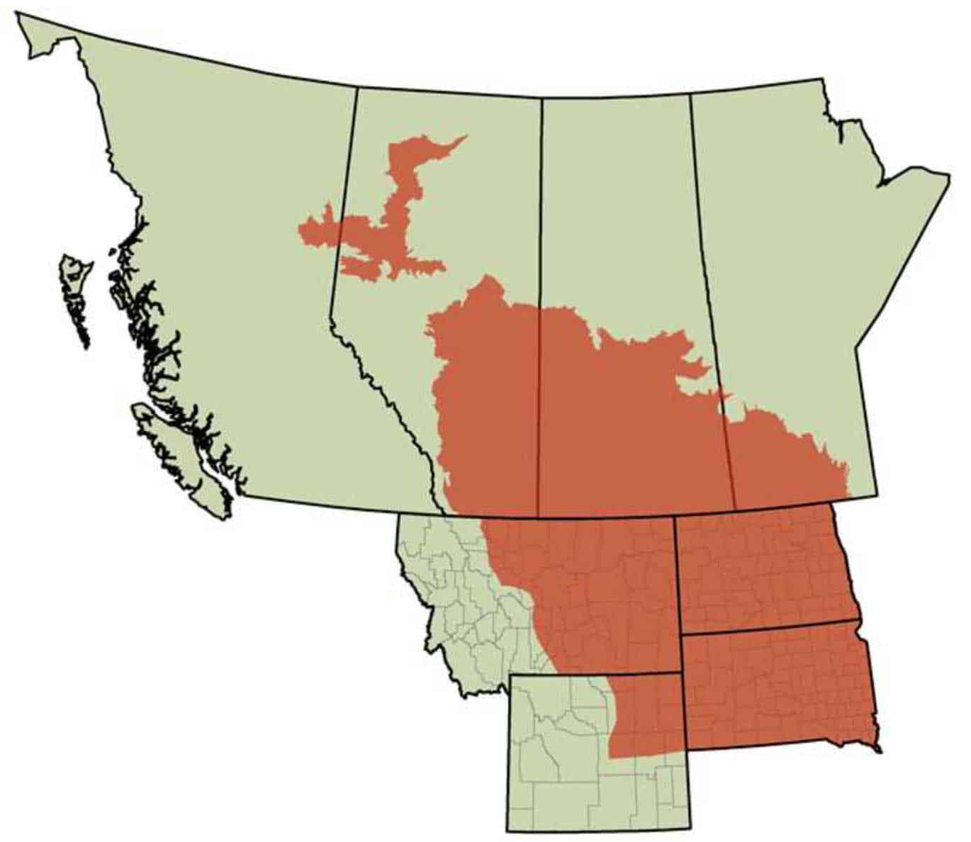 map: preservation efforts on the northern prairies overlapping Canada and the USA
