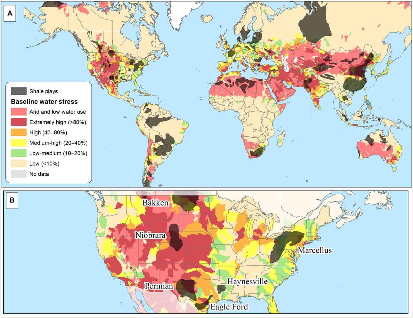 Map of water stress and shale plays; hydraulic fracturing