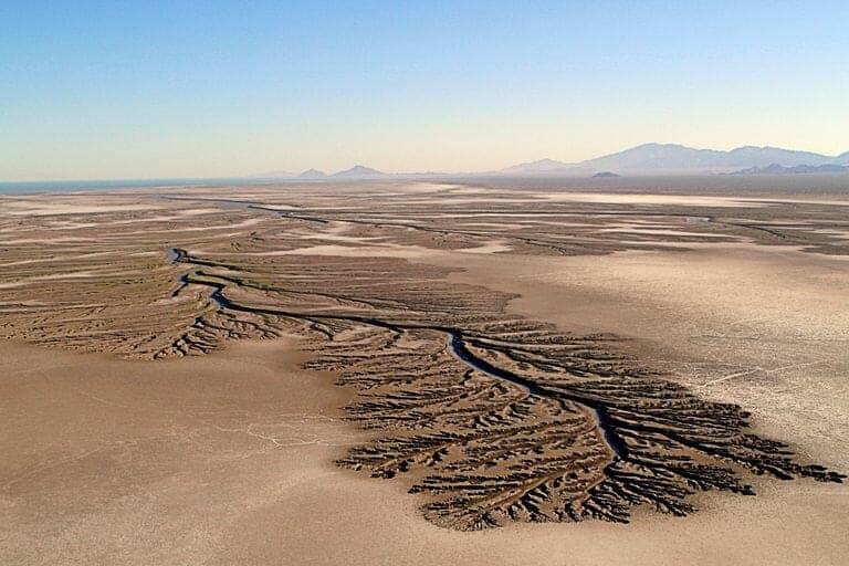 Aerial photo: the Colorado River delta ends not in a gulf but in arid landscape.