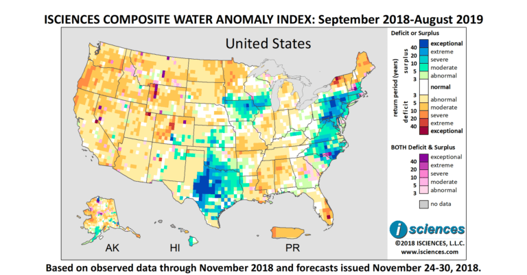 United States: Widespread water surpluses WI to TX & NY to GA