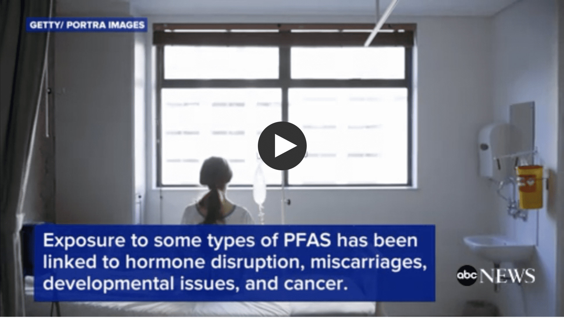 video screenshot: Exposure to some types of PFAS linked to hormone disruption, miscarriages, developmental issues, and cancer.