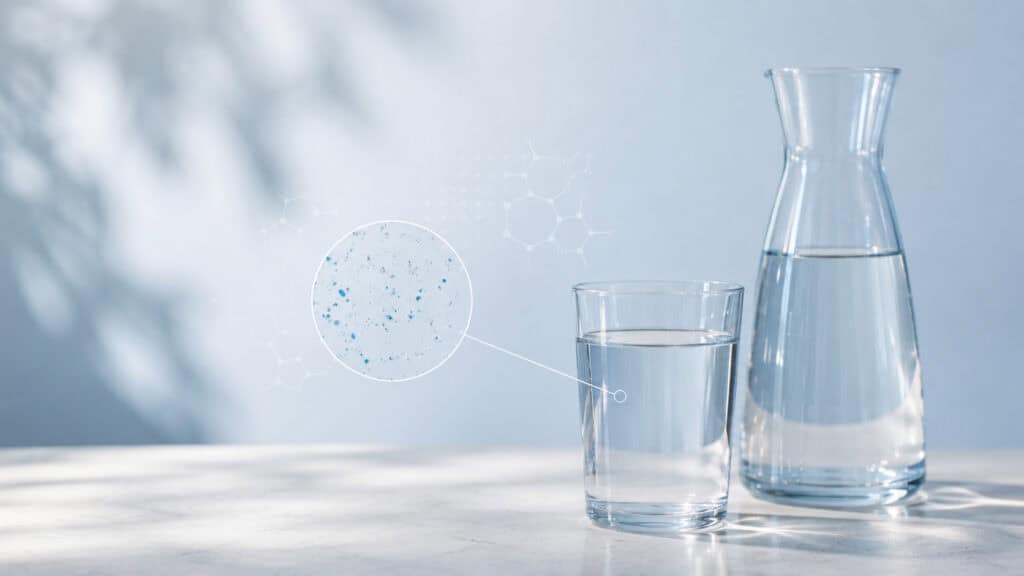 Clear glass and carafe of drinking water with a subtle magnified particle illustration, representing microplastics as a drinking-water research topic.