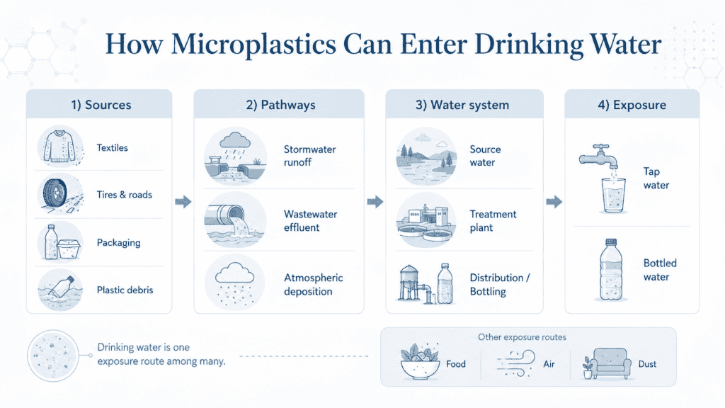 Diagram showing sources and pathways by which microplastics can enter drinking water, including textiles, tires, packaging, stormwater, wastewater, air deposition, treatment, distribution, tap water, and bottled water.